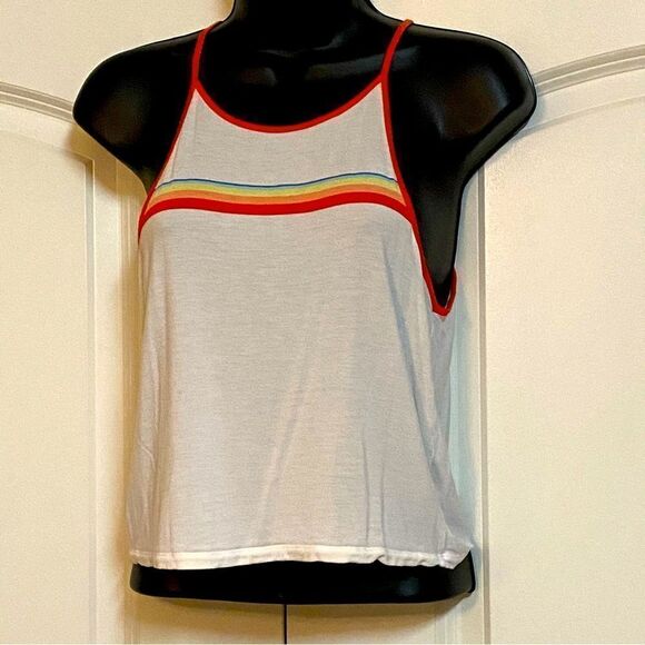 PINK Victoria's Secret Tops - Victoria’s Secret PINK White Retro Rainbow Stripe Spaghetti Crop Tank Top XS